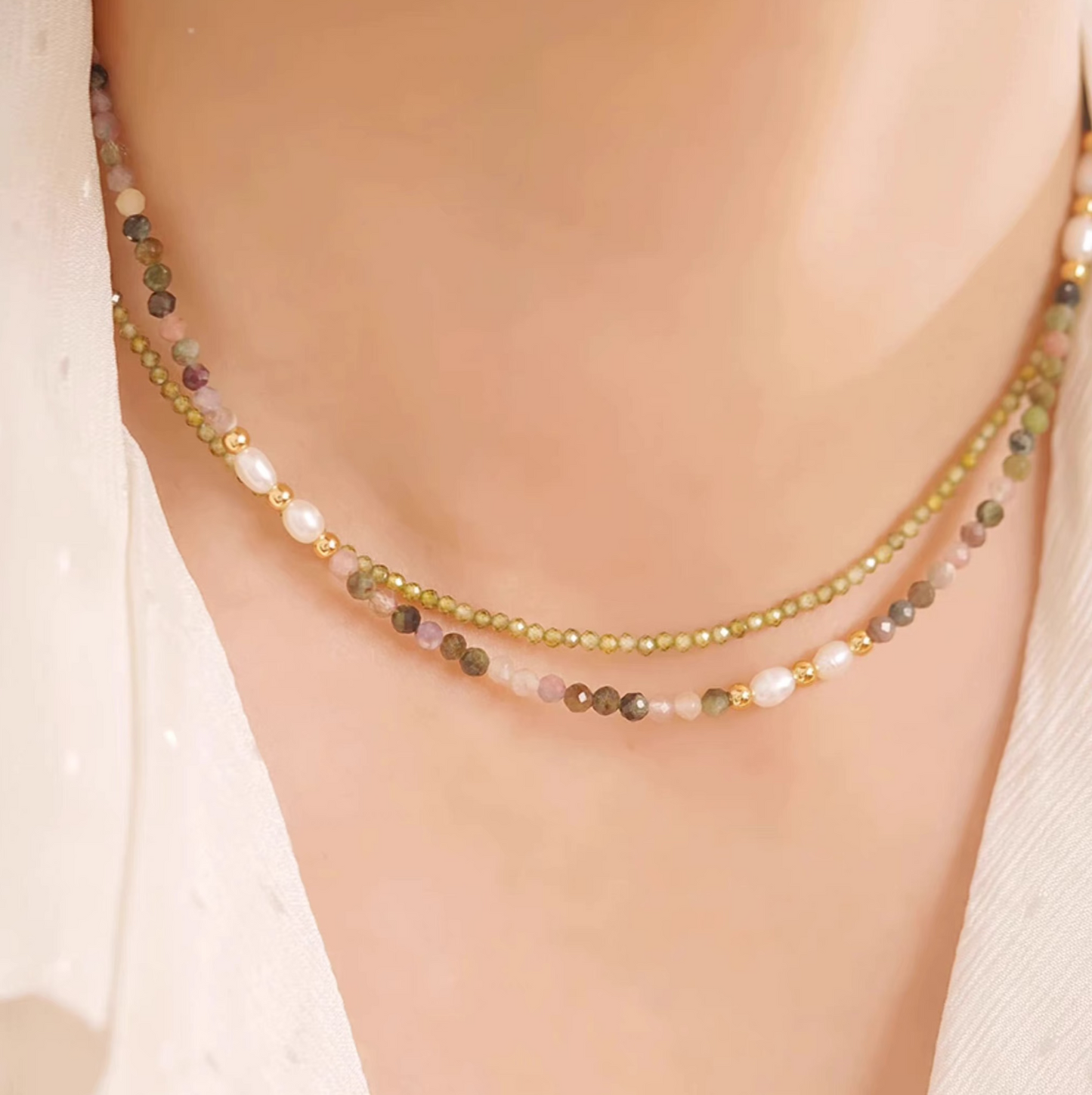 Delicate Tourmaline & Natural Pearl Mixed Necklace – Unique French-Inspired Light Luxury Choker