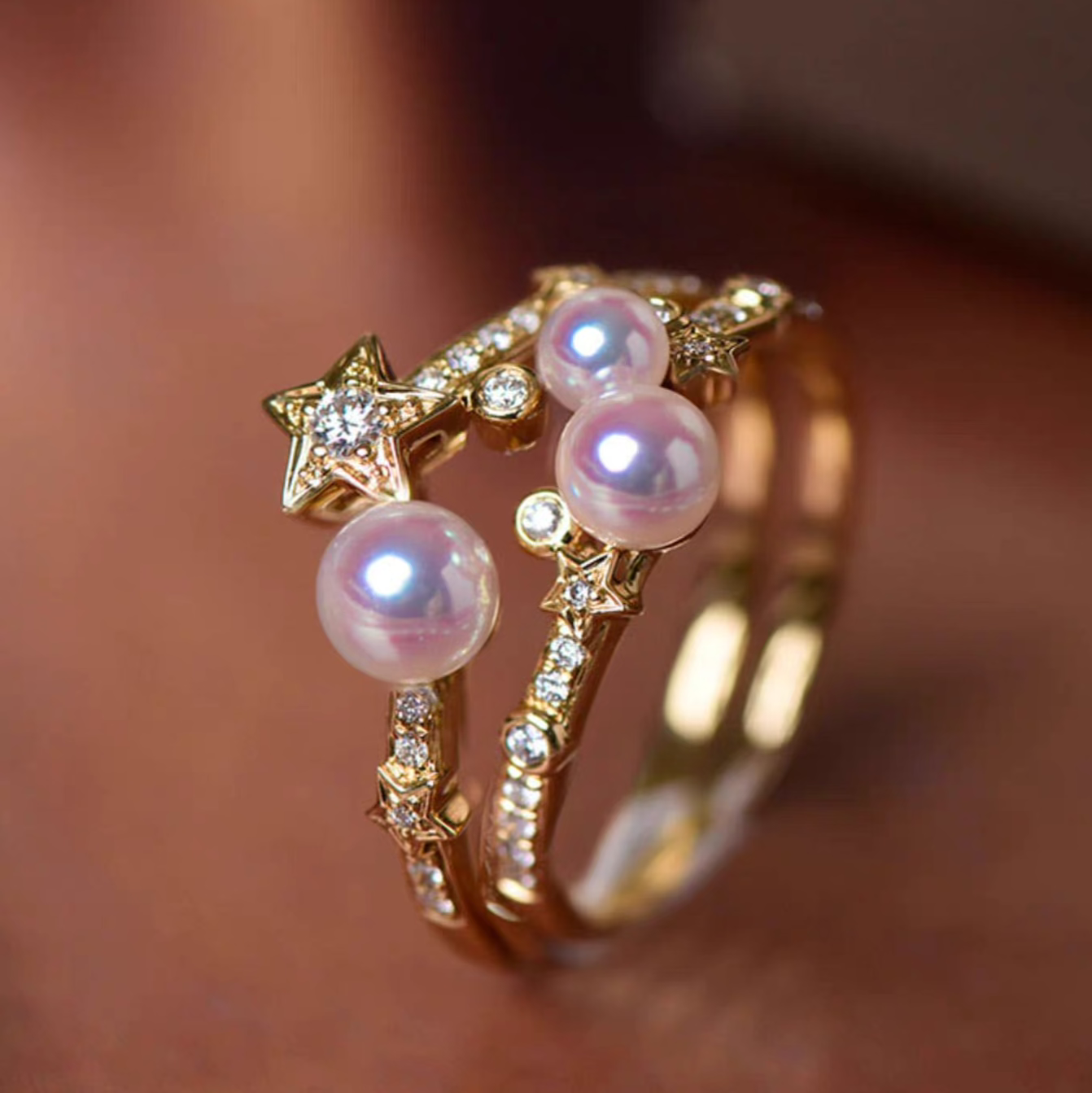 "Starlight Sugar" – 18K Gold Natural Diamond & Akoya Pearl Ring Set (Two Rings, Versatile Styling)