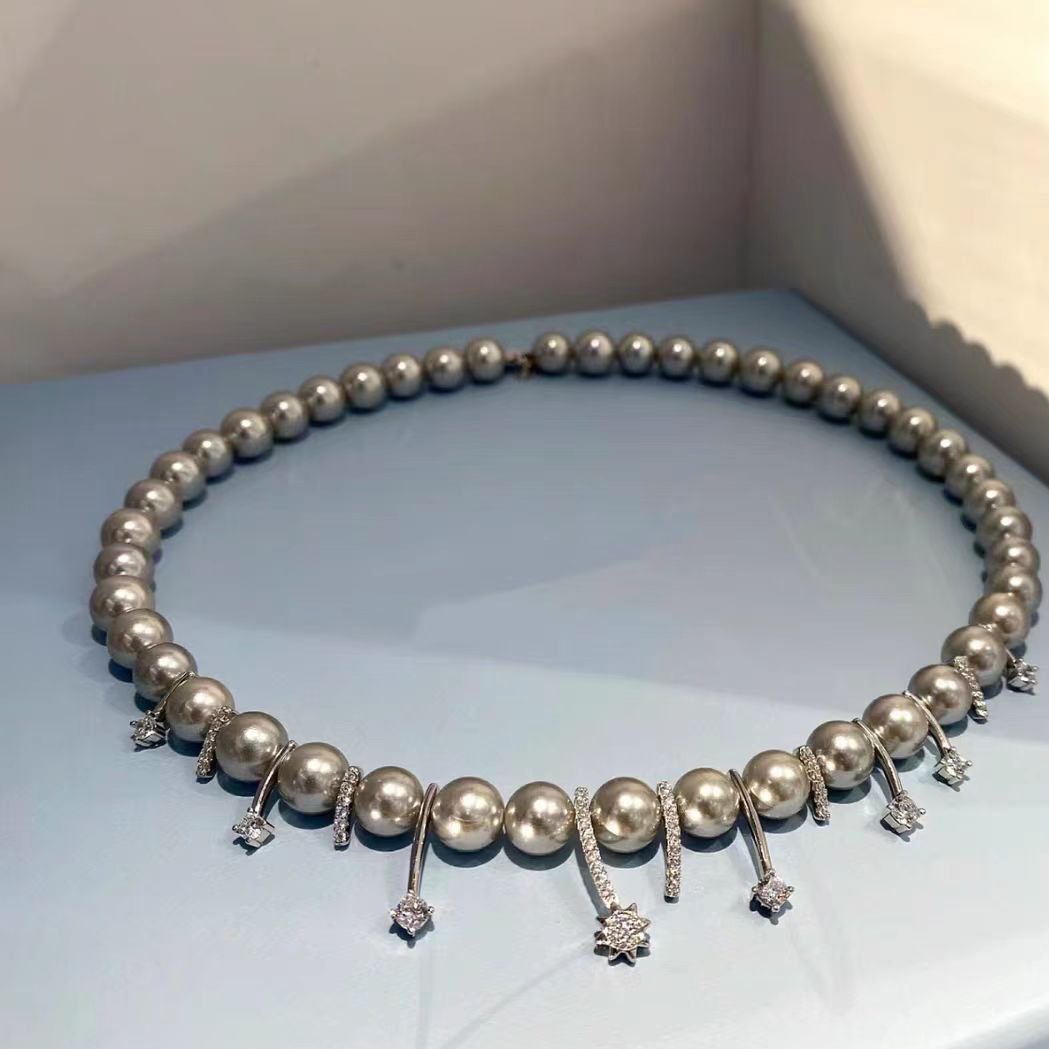 8.5-9MM grey pearl necklace, diamond and pearls