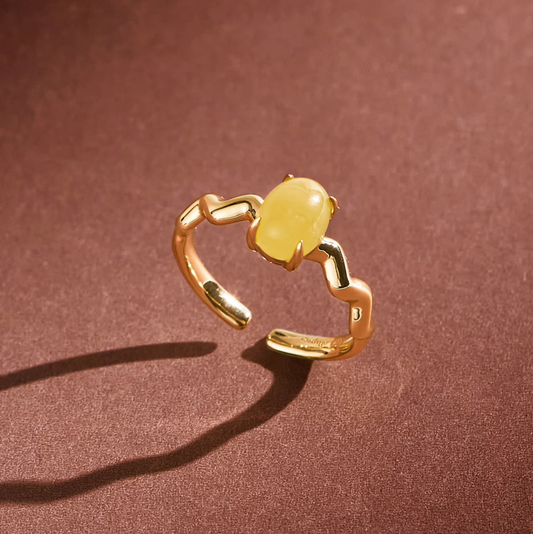 Natural Amber Ring for Women – Wave Design Open Band Gemstone Index Finger Ring